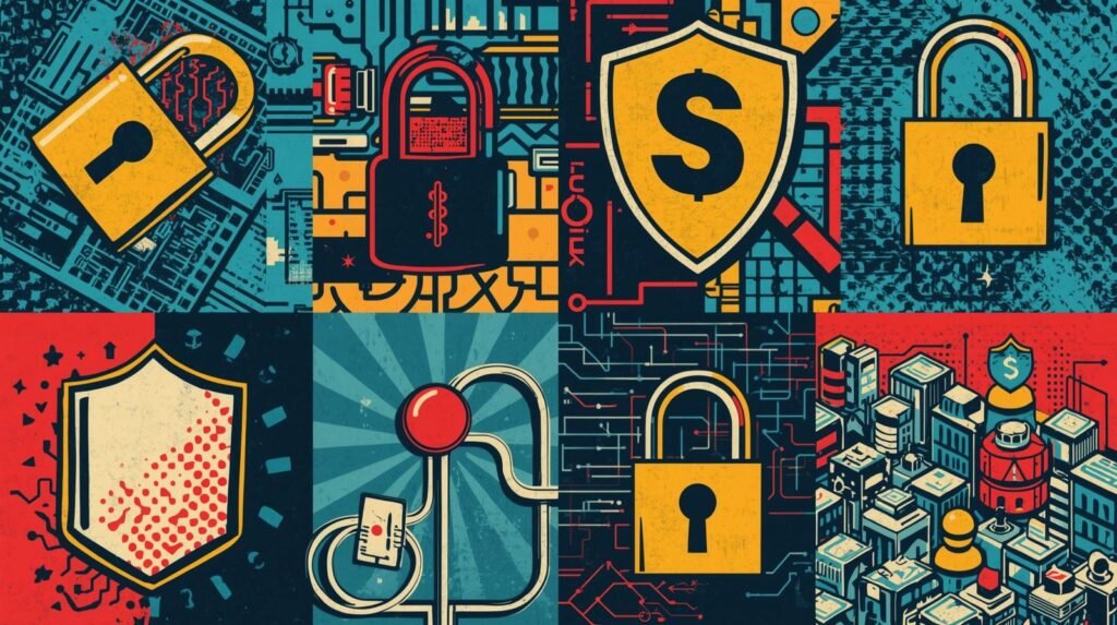 Small business cybersecurity tools illustration with locks, shields, circuits, and financial protection.