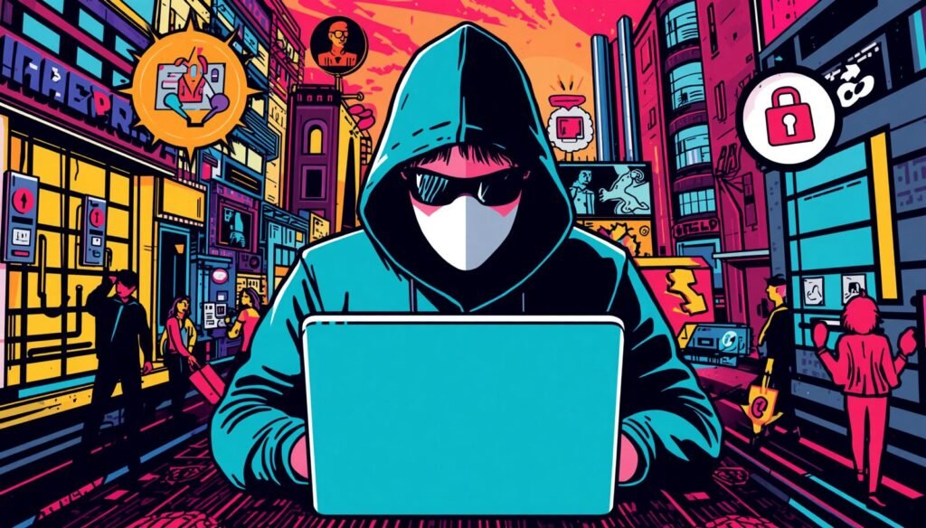 Pen Testing Scope: 7 Brutal Template Mistakes That Can Wreck an Engagement 🪤 4 Anonymous hacker in cyber city illustrating penetration testing scope document and pen test scope example.