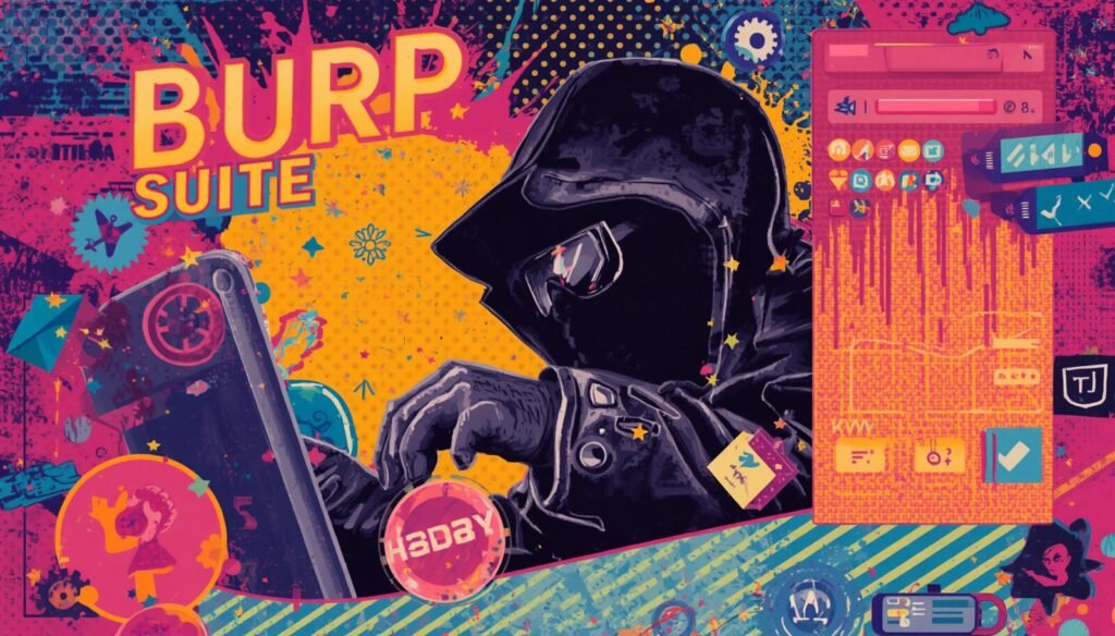 How to Use Burp Suite: 7 Brutal Workflow Mistakes Beginners Keep Making 🪤 3 Burp Suite tutorial poster showing hooded hacker using laptop for web security testing.