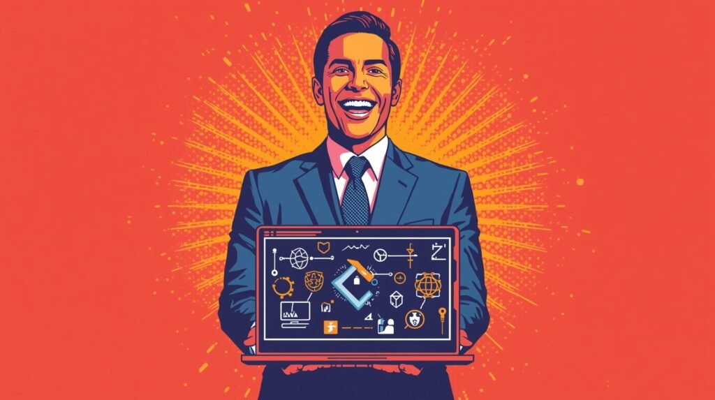 Smiling businessman with laptop showing Proton Business Suite cybersecurity dashboard for business.