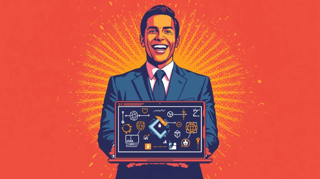 Smiling businessman with laptop showing Proton Business Suite cybersecurity dashboard for business.
