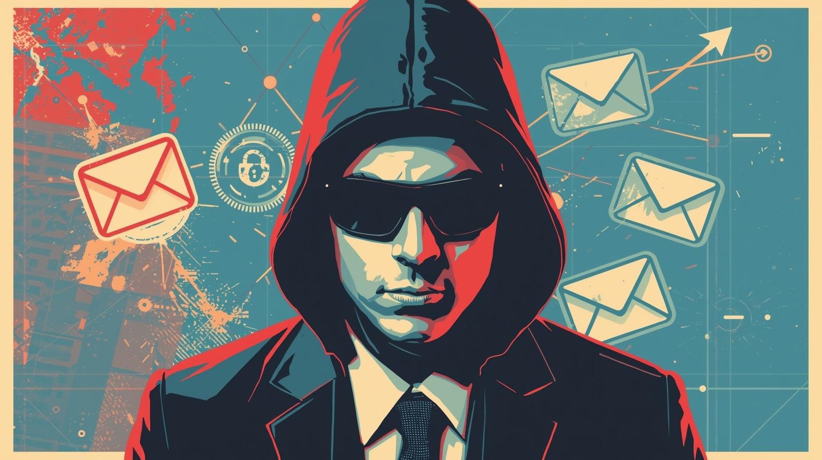 Hooded hacker with emails illustrates phishing protection tools and business email security software.