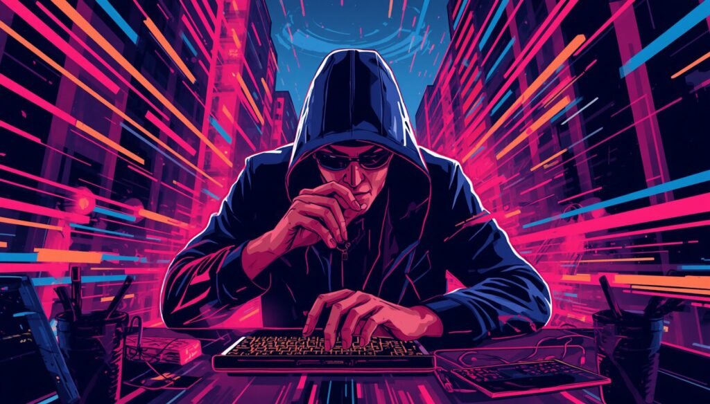 Cyberpunk hacker at neon workstation illustrating penetration testing scope document and pen test scope template.