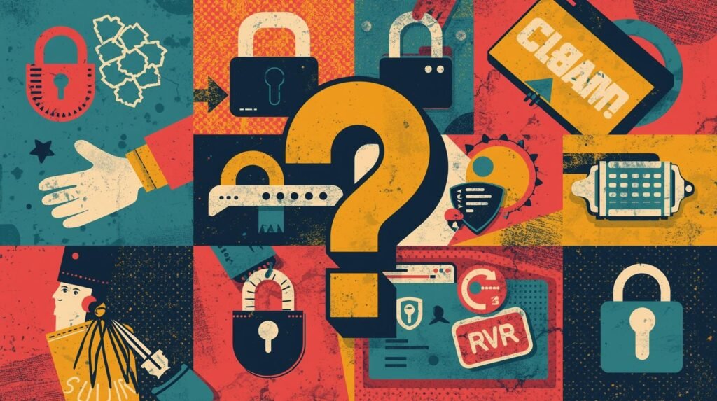 Small business cybersecurity tools collage with locks, passwords, alerts, and access control icons.