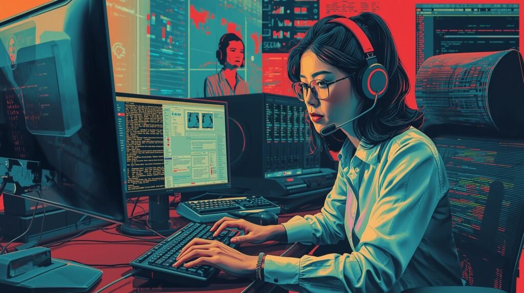 SOC analyst monitoring cybersecurity dashboards in a security operations center.