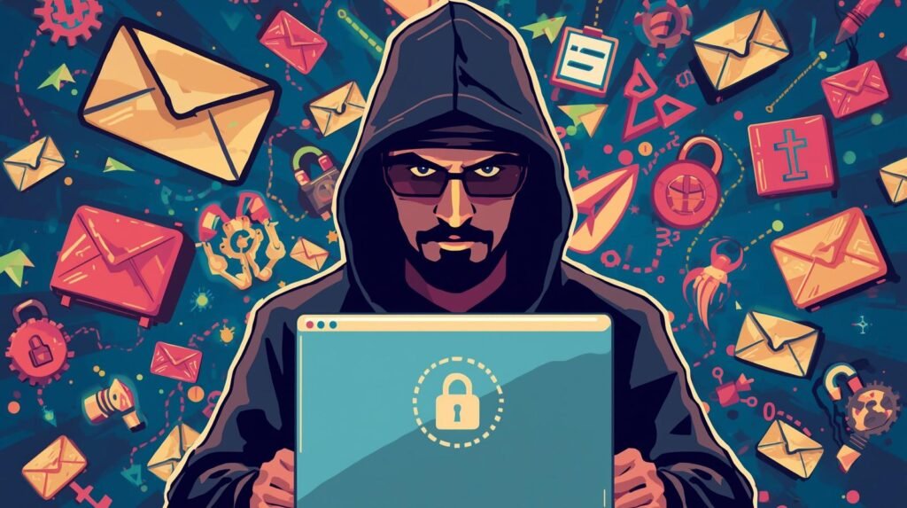 Hooded hacker illustration showing email security tools and phishing protection for business email.