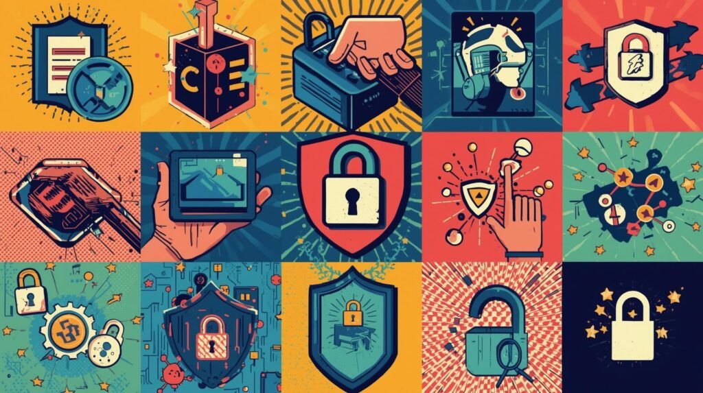 Retro collage of small business cybersecurity tools, locks, shields, and secure device icons.