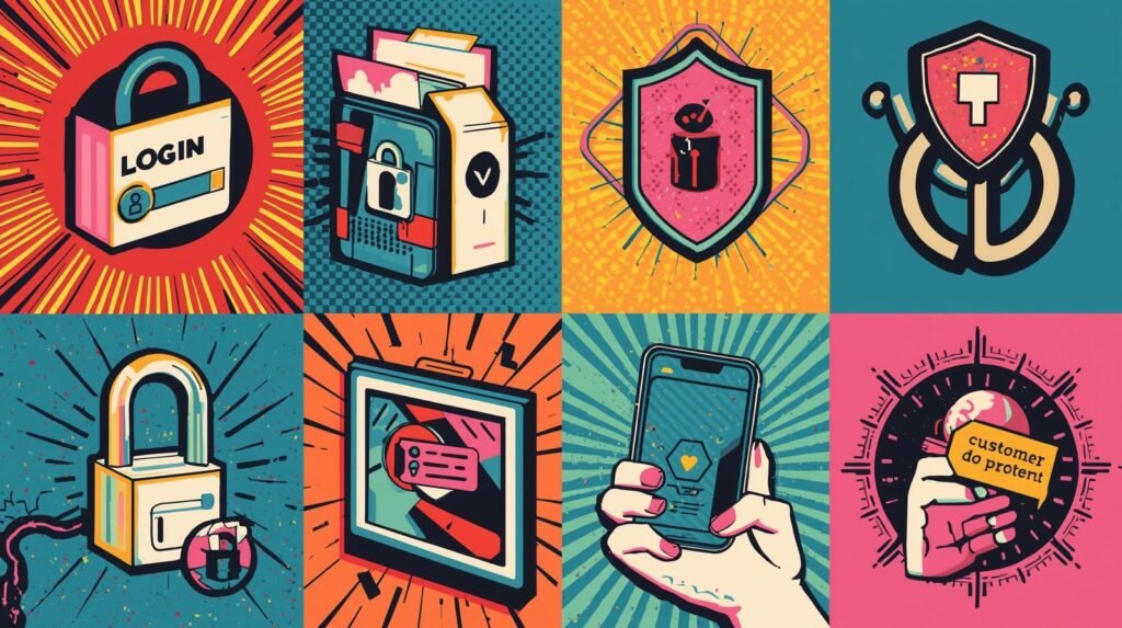 Small business cybersecurity tools collage with login, locks, shields, mobile security, and customer data protection.