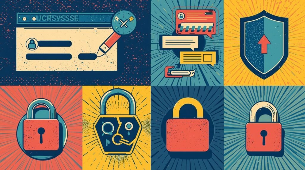 Small business cybersecurity tools collage with locks, shield, secure login, and protected messaging.