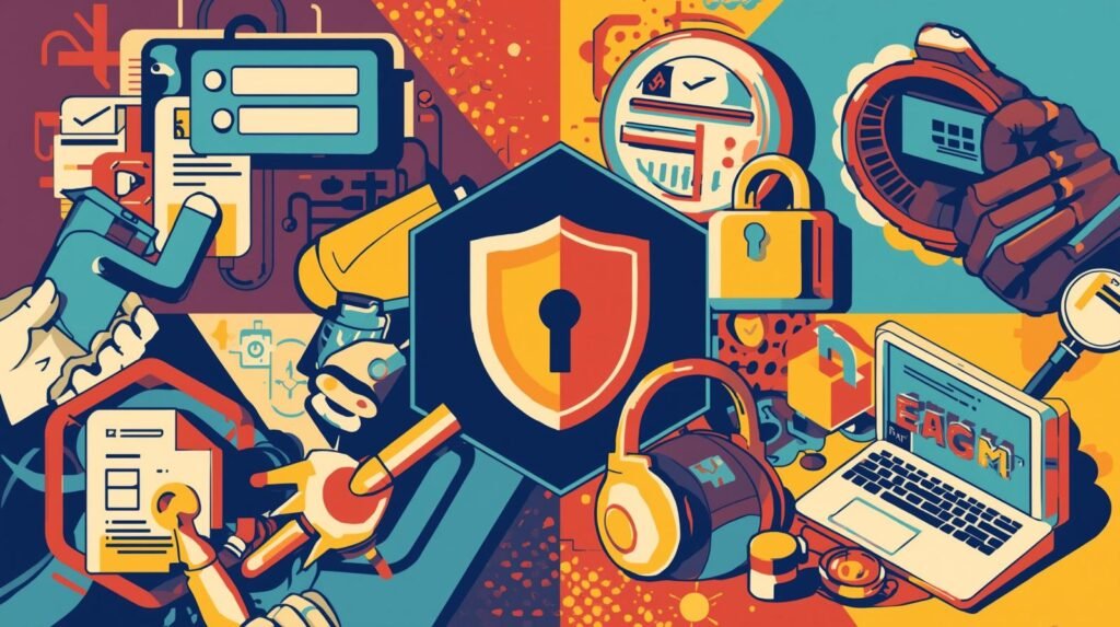 Small business cybersecurity tools illustration with shield, locks, laptop, and digital protection devices.