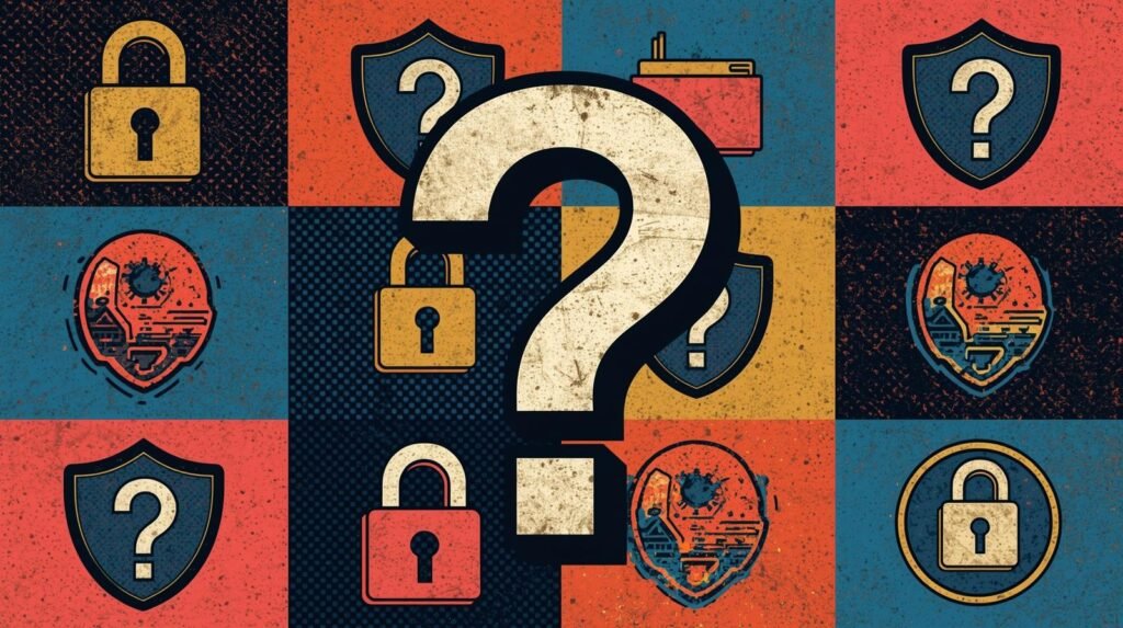Small business penetration testing illustration with cybersecurity question mark, locks, shields, and unknown digital risks.