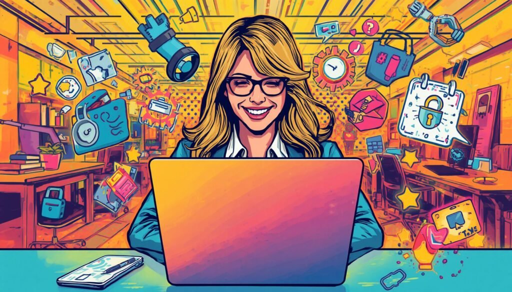 Woman using laptop in a digital workspace, illustrating Proton for Business Suite and secure productivity.