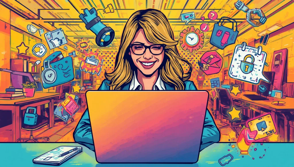 Woman using laptop in a digital workspace, illustrating Proton for Business Suite and secure productivity.