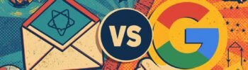 Proton Mail vs Google Workspace comparison graphic with email icons and VS badge.