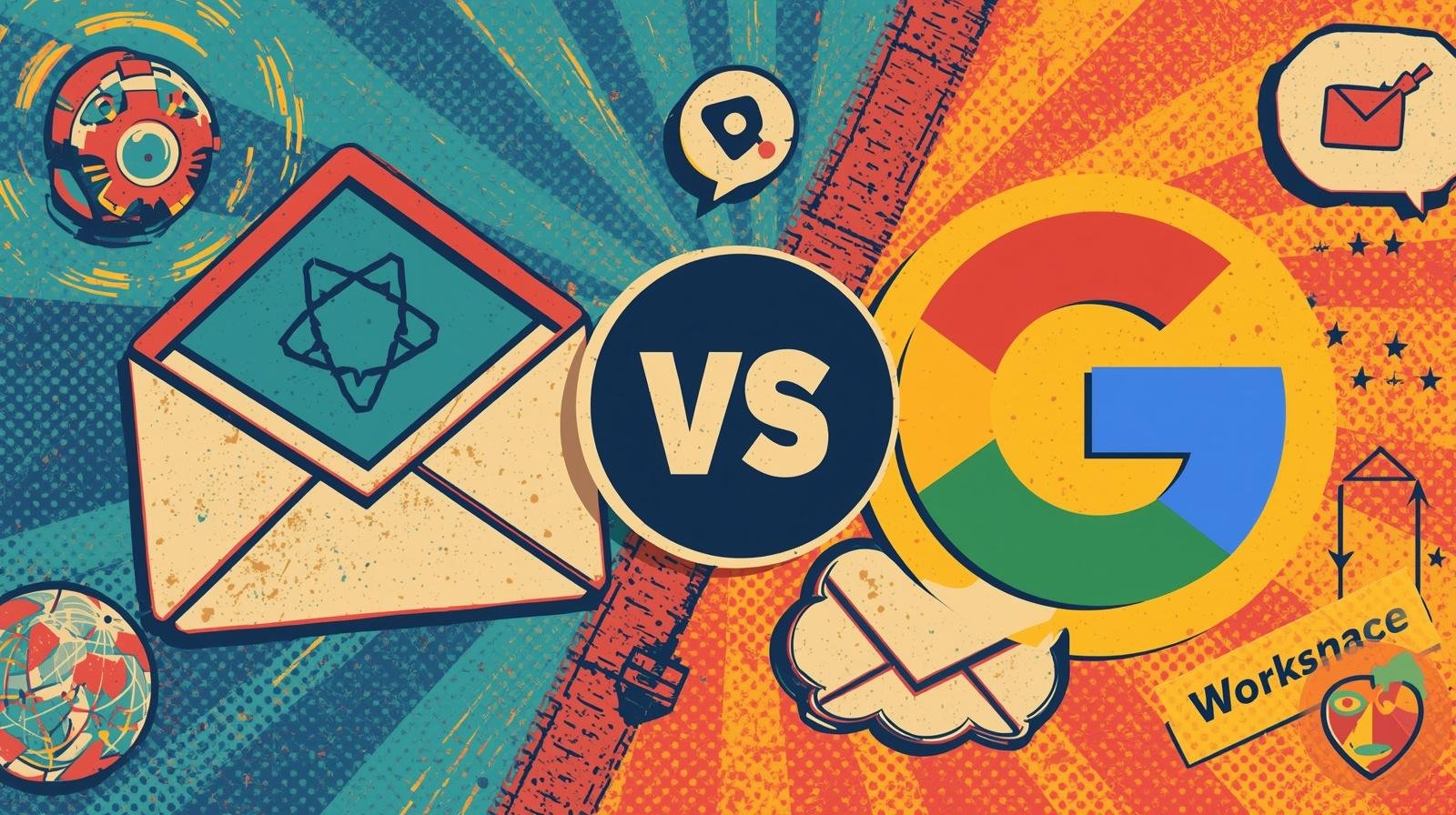 Proton Mail vs Google Workspace comparison graphic with email icons and VS badge.