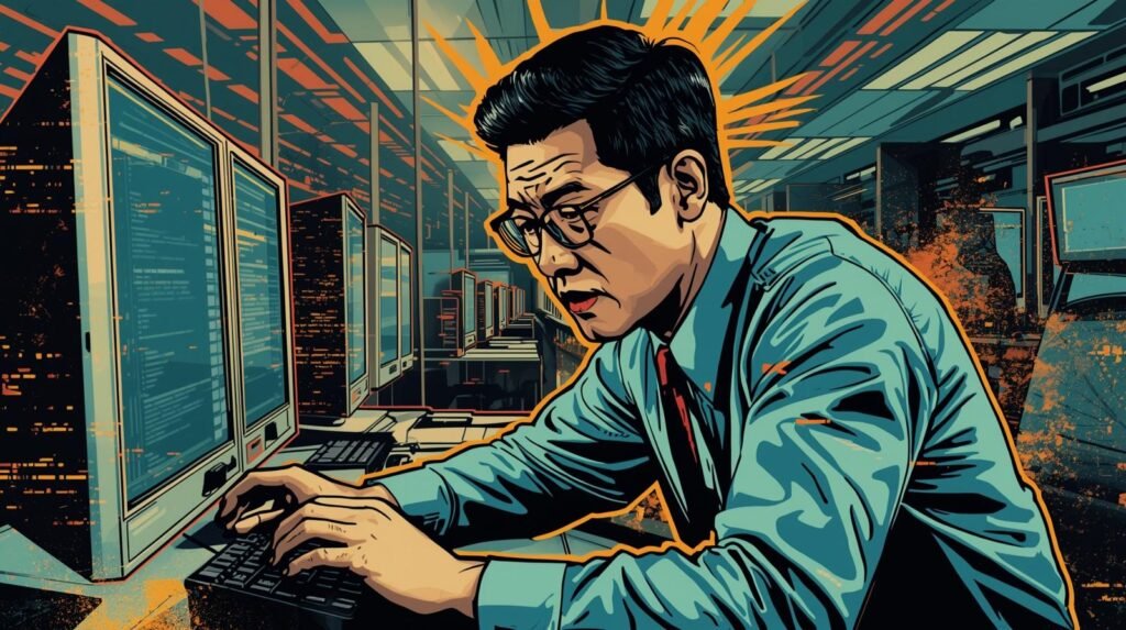 SOC analyst monitoring code at computer workstation in a security operations center.
