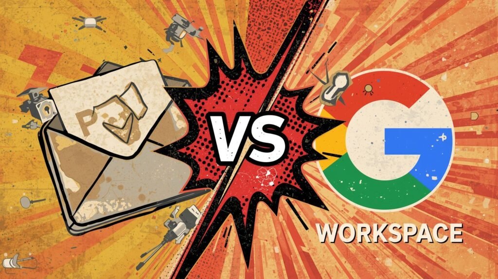 Proton Mail vs Google Workspace comparison graphic with explosive VS logos.