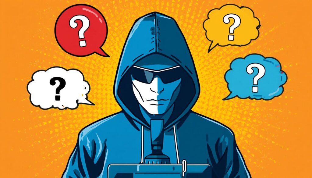 Pen Testing Scope: 7 Brutal Template Mistakes That Can Wreck an Engagement 🪤 5 Anonymous hooded figure with question marks illustrating penetration testing scope document and pen test scope.