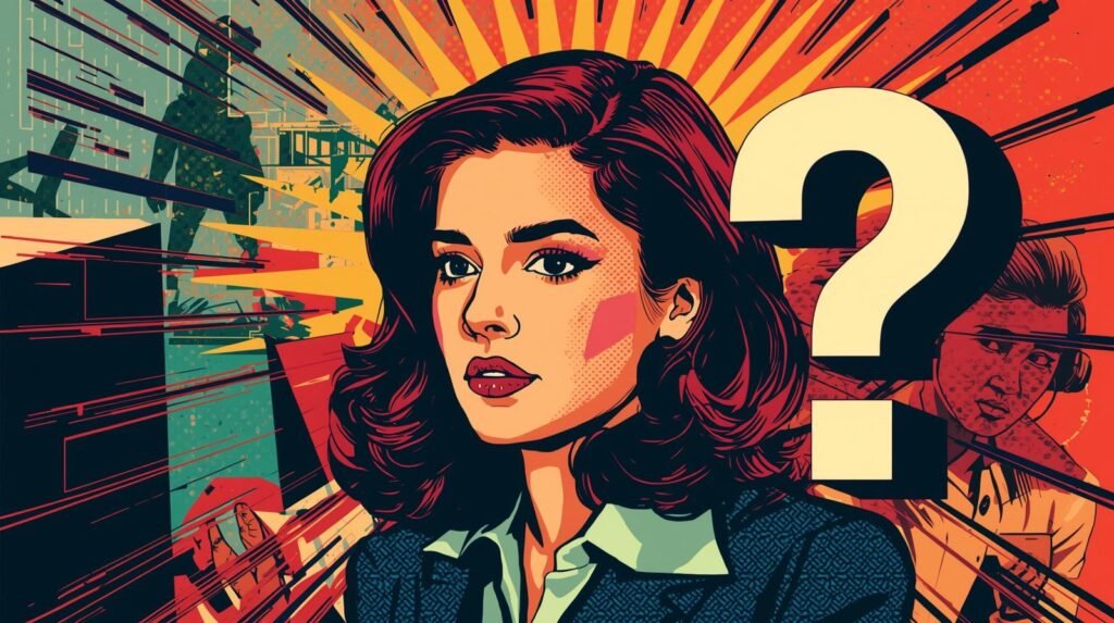 SOC analyst investigating mystery signals in retro pop art, security operations center analyst scene.