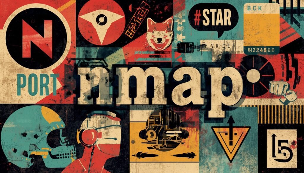 Nmap port scan retro tech collage poster showing port scanning graphics and symbols.