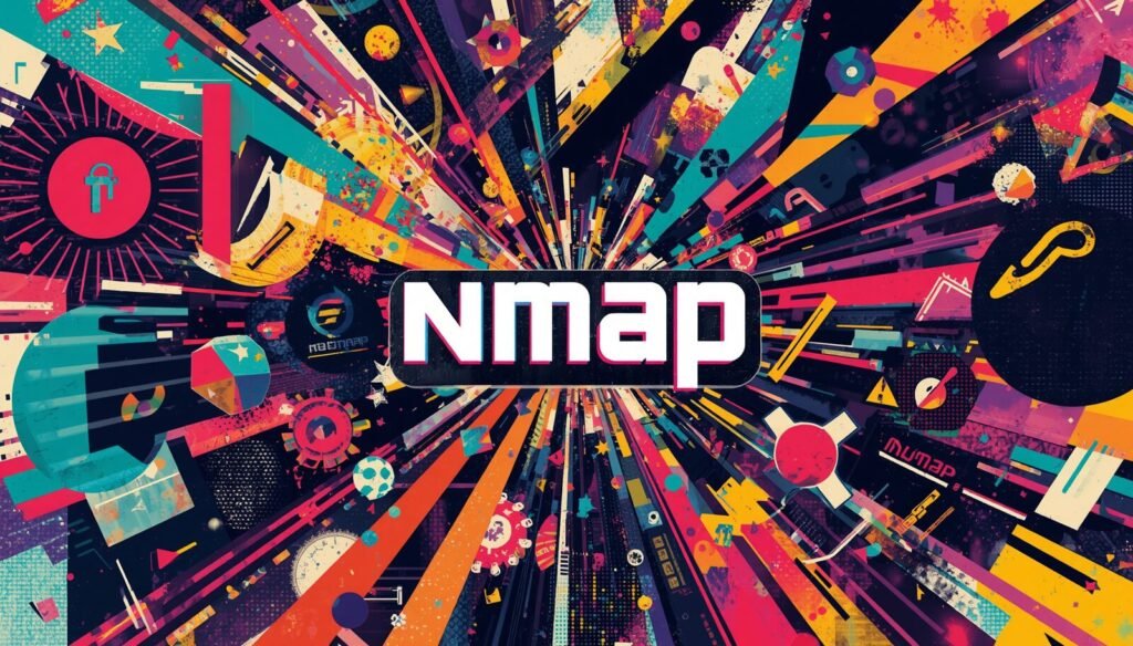 Nmap port scan artwork with cyberpunk network burst and cybersecurity icons.