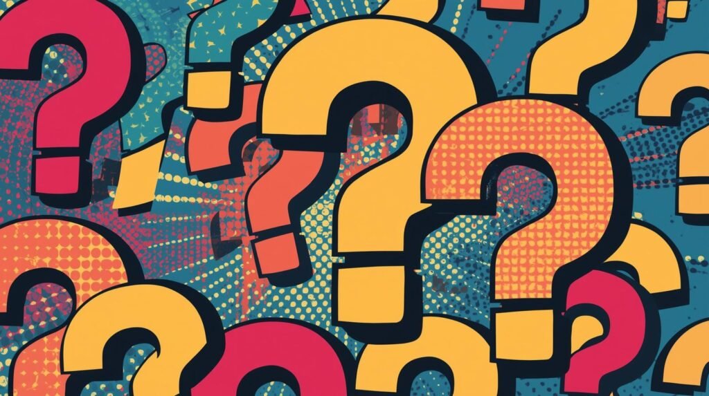 Colorful pop-art question marks for Proton Mail vs Google Workspace privacy comparison.