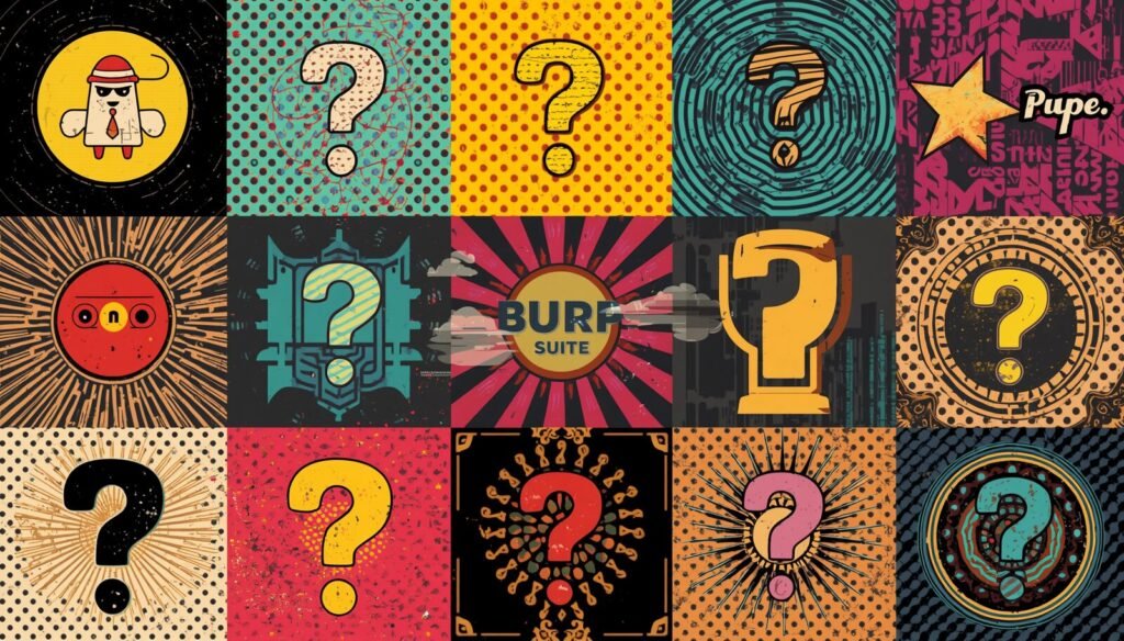 How to Use Burp Suite: 7 Brutal Workflow Mistakes Beginners Keep Making 🪤 4 Burp Suite tutorial collage with retro question marks for beginners and security testing.