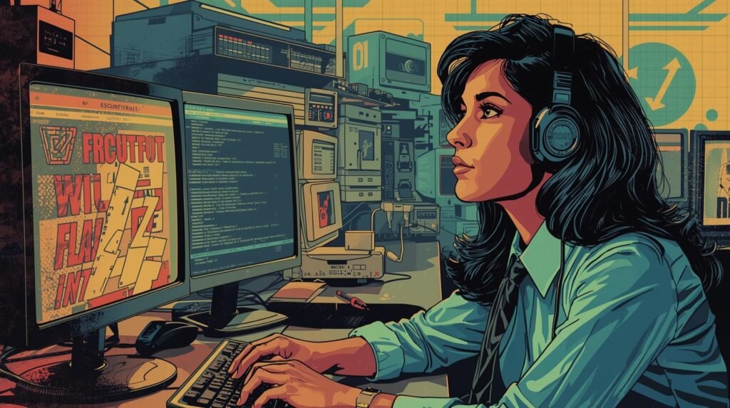SOC analyst at retro computer workstation monitoring code and screens in a security operations center.
