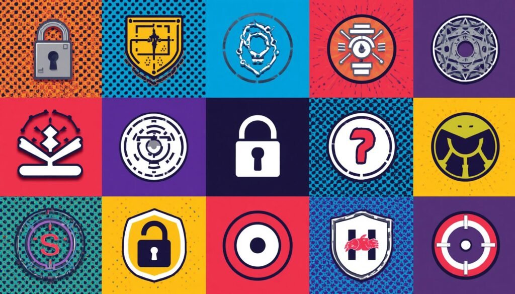 Pop-art security icons grid representing small business MFA, secure business login, and account security.