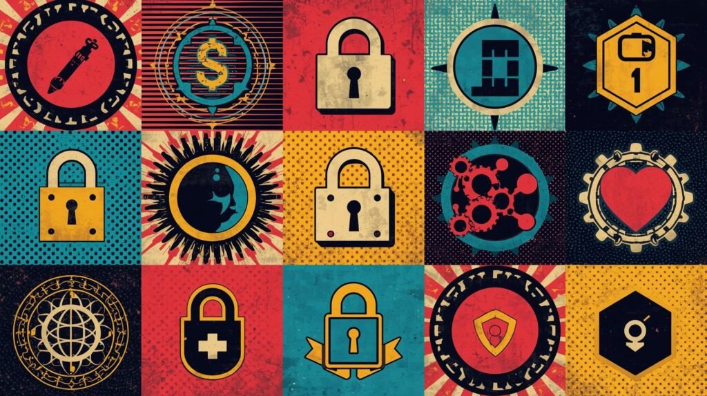 Pop-art security icon grid for small business penetration testing and cybersecurity assessment.