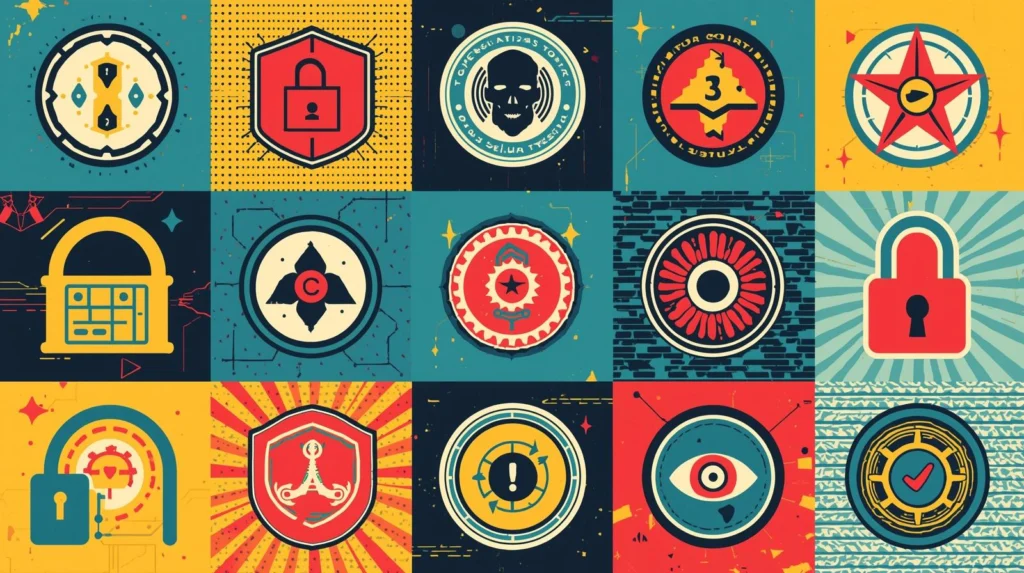 Retro cybersecurity icon grid for small business penetration testing and surveillance protection.