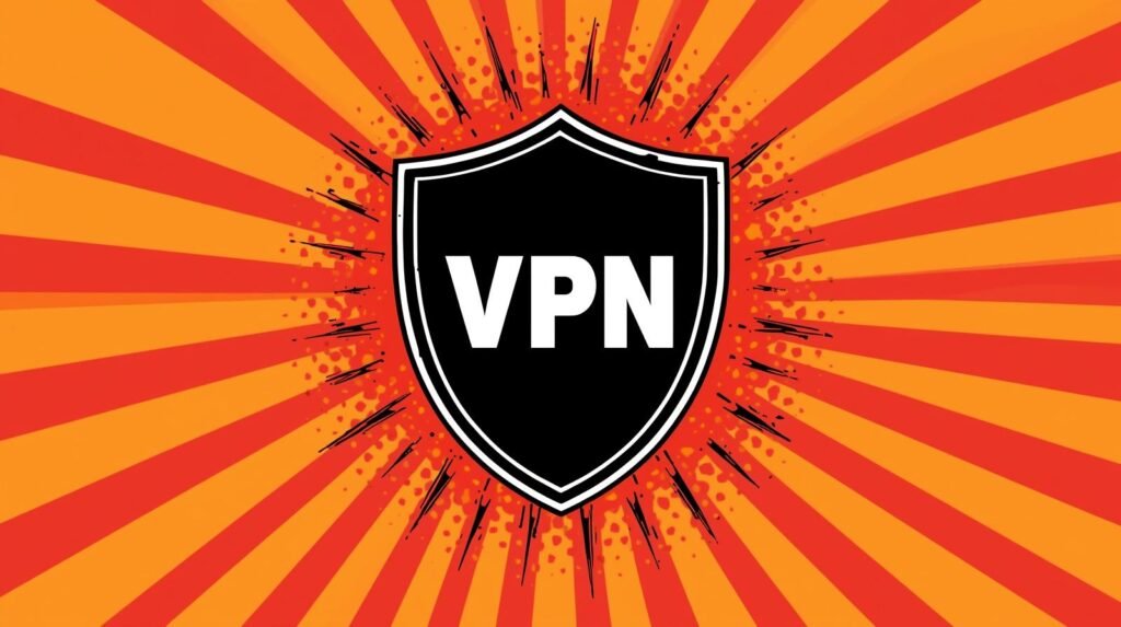 PrivadoVPN review graphic with VPN shield burst for privacy and streaming.