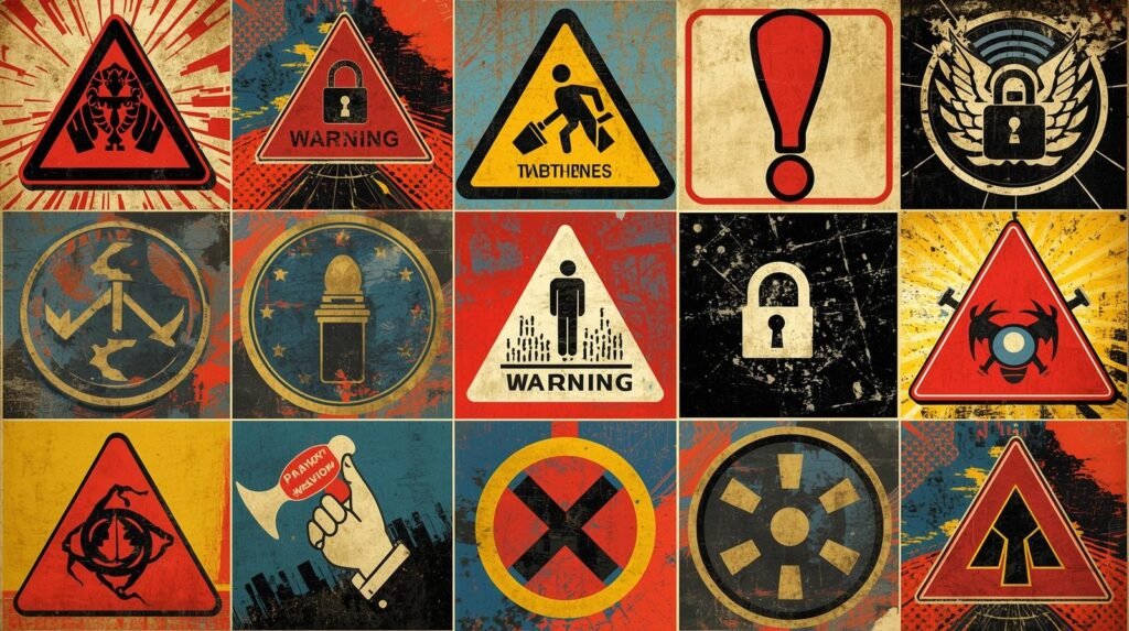 Retro grid of warning symbols for small business penetration testing and cybersecurity testing.
