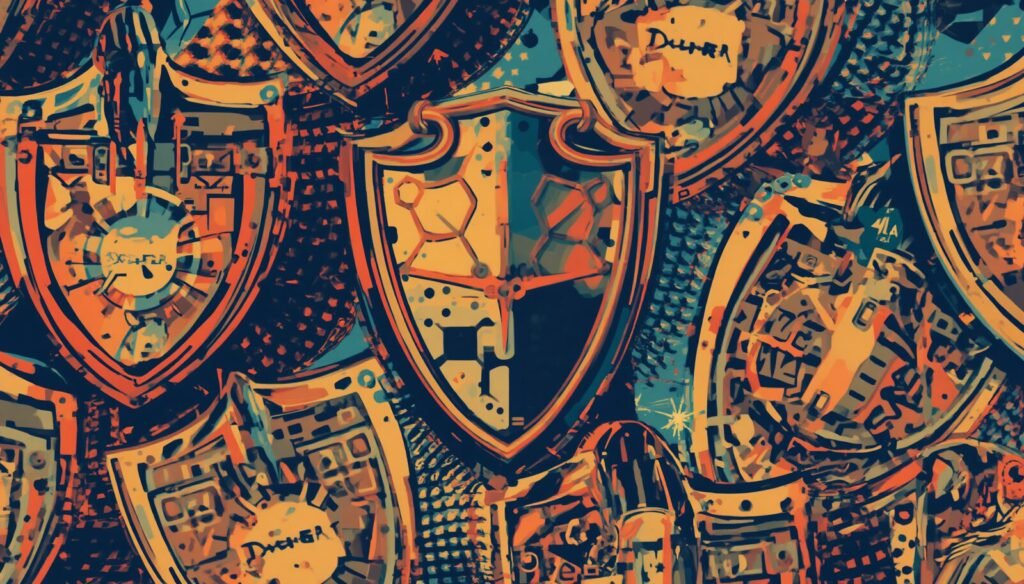 Abstract heraldic shields illustrating Proton Pass for Business password manager for teams on Linux and Windows.