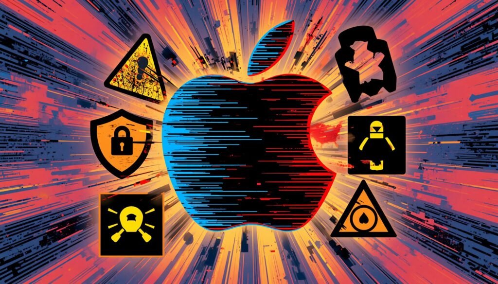 Apple logo glitch art with cybersecurity warnings showing a hacked Mac security threat.