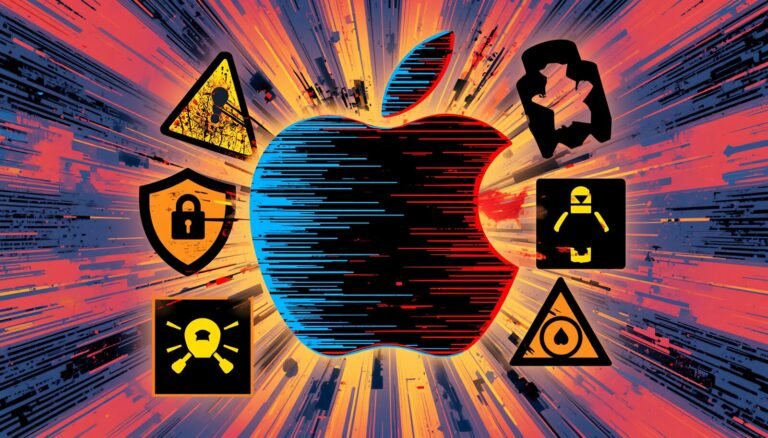 Apple logo glitch art with cybersecurity warnings showing a hacked Mac security threat.