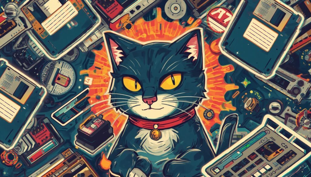 Black-and-white cat in retro tech collage, netcat command in Linux cheat sheet style.