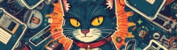 Black-and-white cat in retro tech collage, netcat command in Linux cheat sheet style.