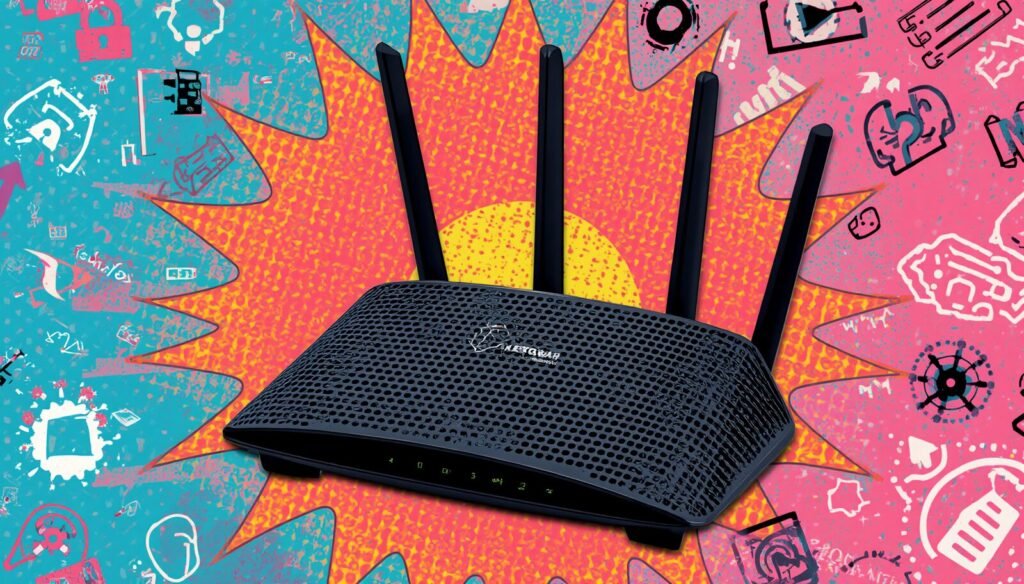 Black Netgear router with four antennas for Netgear router password reset and WiFi password help.
