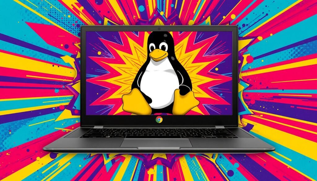 Can You Install Linux on a Chromebook? 9 Smart Options 4 Linux on Chromebook with Tux mascot on laptop screen in colorful pop art.