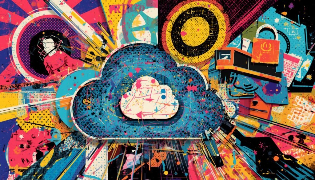 Proton Drive for Business Review: Is It Smart for Secure Teams? 2 Proton Drive for Business cloud computing graffiti collage with security, sync, and connected devices.