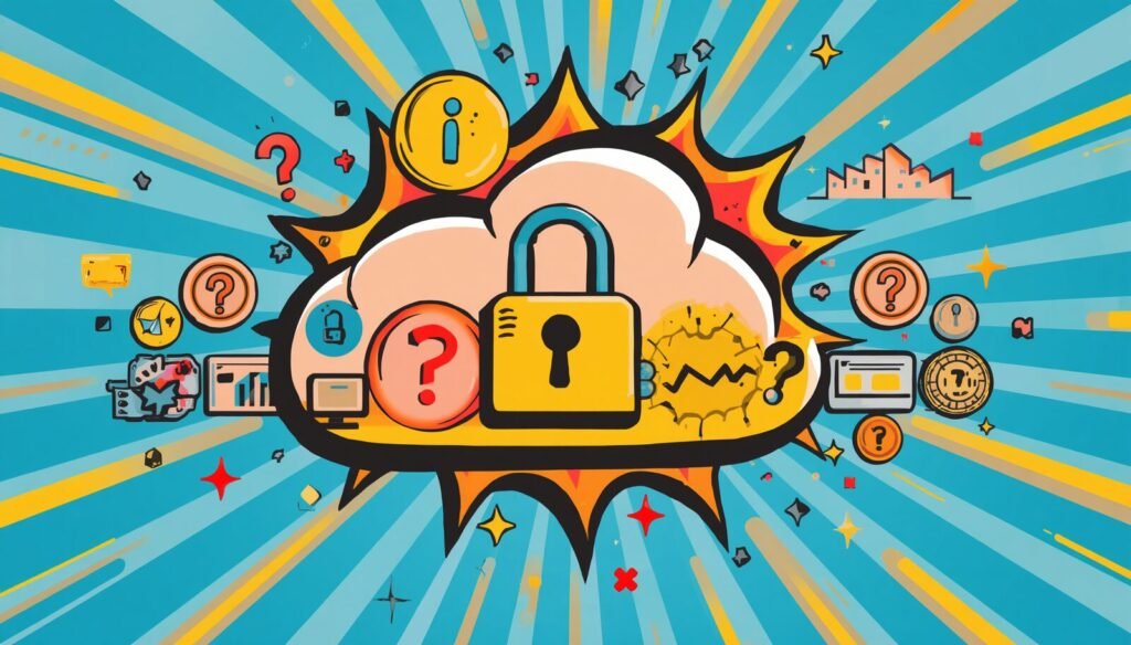 Proton Drive: Is This Secure Cloud Storage Worth Using? 3 Proton Drive encrypted cloud storage security illustration with lock, privacy questions, and data protection icons.