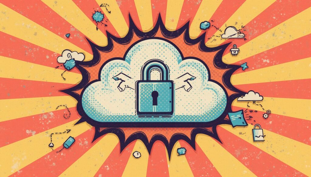 Proton Drive for Business Review: Is It Smart for Secure Teams? 3 Proton Drive for Business cloud security illustration with padlock and secure cloud computing theme.