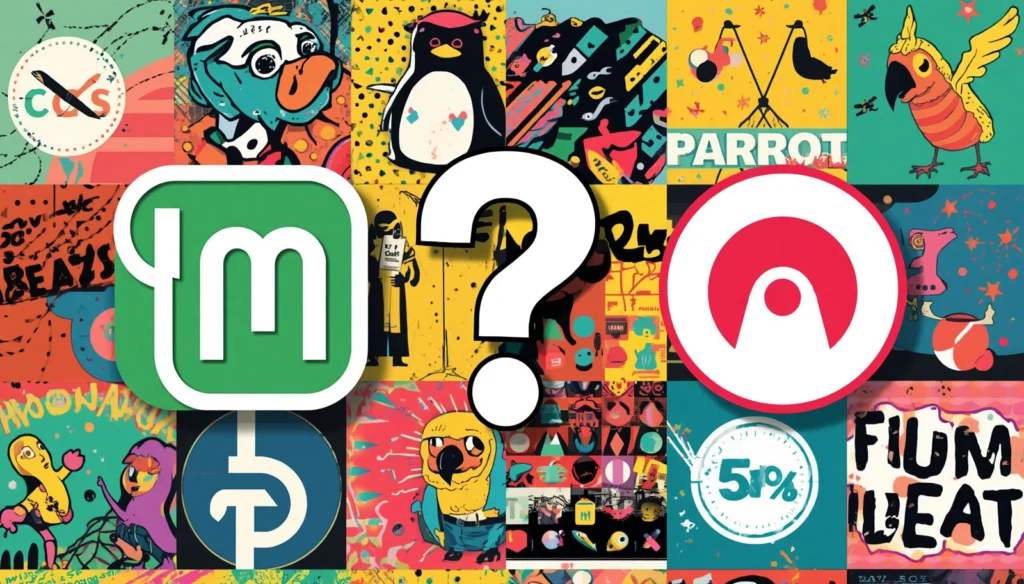 Linux Mint vs Parrot OS: Which Linux Distro Should You Use? 5 Linux Mint vs Parrot OS logos with question mark in colorful Linux distro comparison collage.