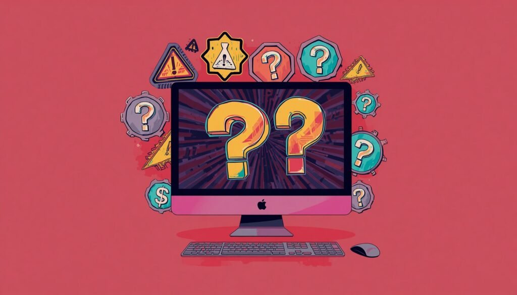 Mac hacked warning illustration with question marks on computer screen and troubleshooting icons.