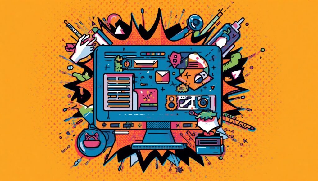 Creative desktop workspace illustration for Nikto web scanner, Nikto commands, and Kali Linux tutorial.
