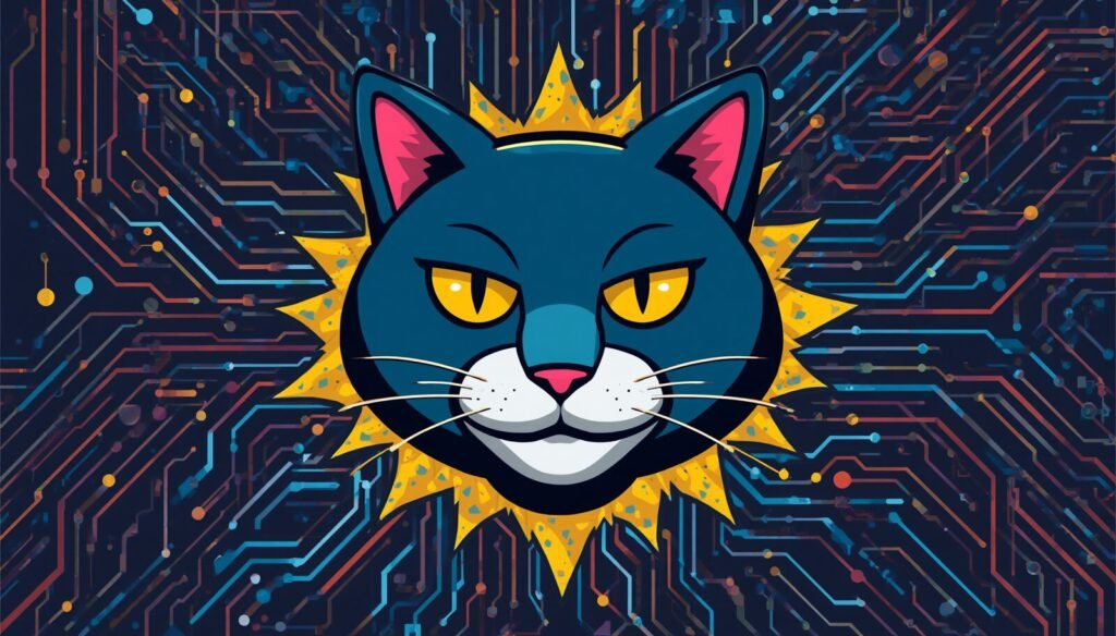 Cyber cat portrait with circuit halo, netcat command in Linux and port scan concept.