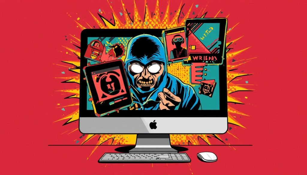 Hacked Mac desktop shows hooded hacker and cyberattack warning on screen.