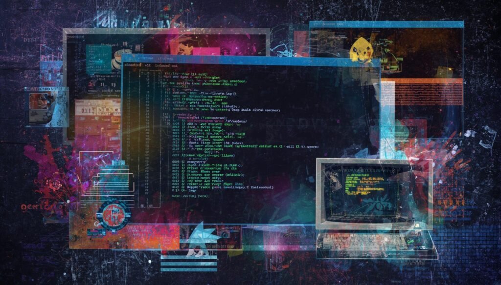 Cyberpunk netcat command collage showing Linux code screens, port scan, and test port connectivity.