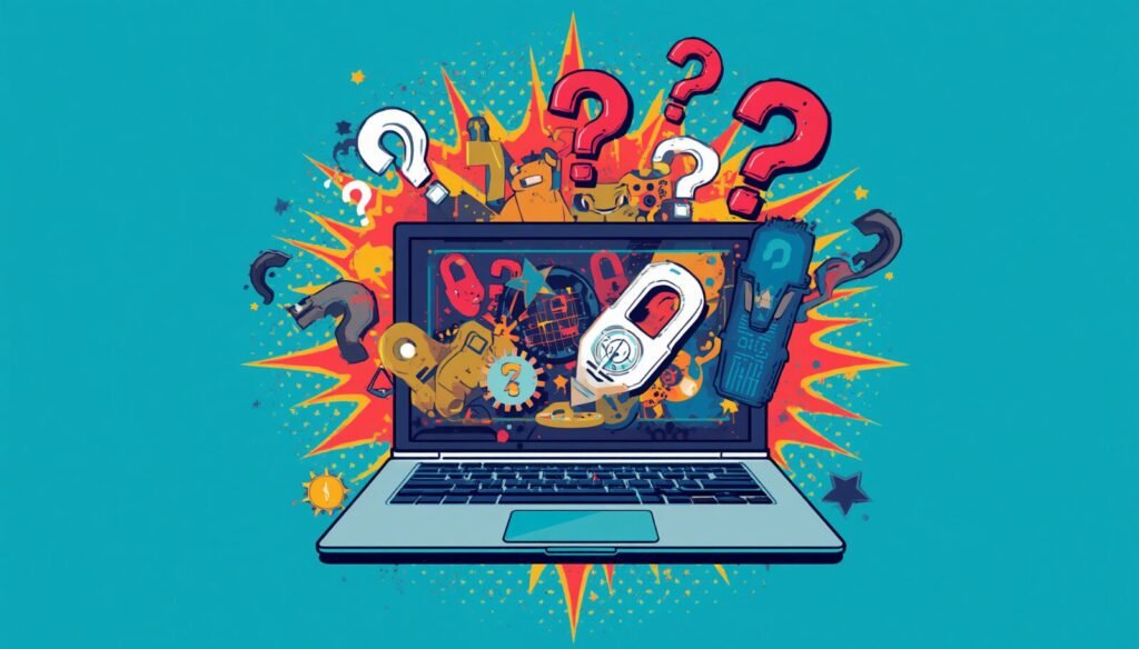 Signs your laptop is hacked: locks, question marks, and suspicious laptop activity illustration.